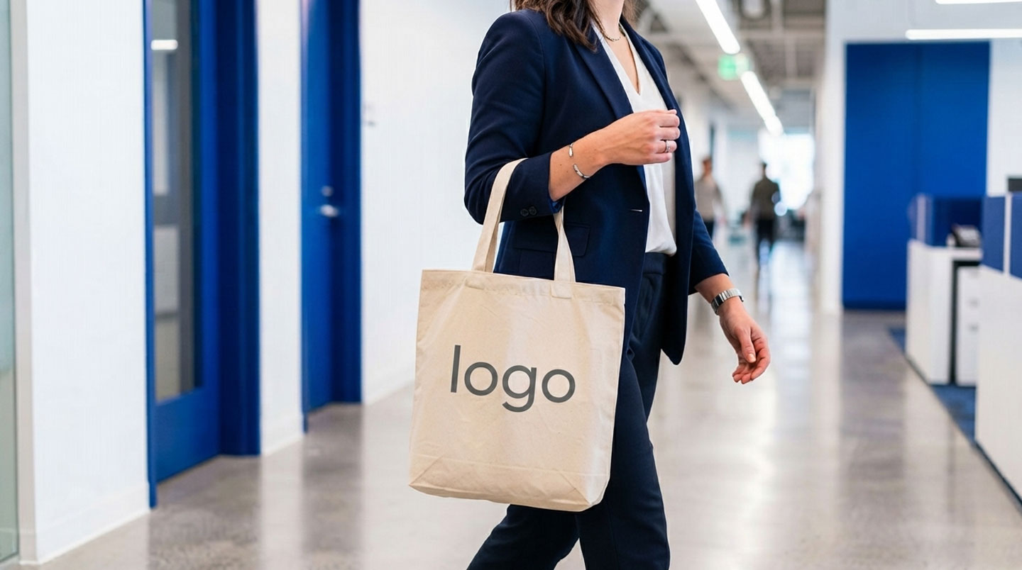 Femme professionnelle portant naturellement un tote bag personnalisé avec logo d'entreprise en marchant dans une rue piétonne française, architecture urbaine contemporaine en arrière-plan, lumière naturelle golden hour