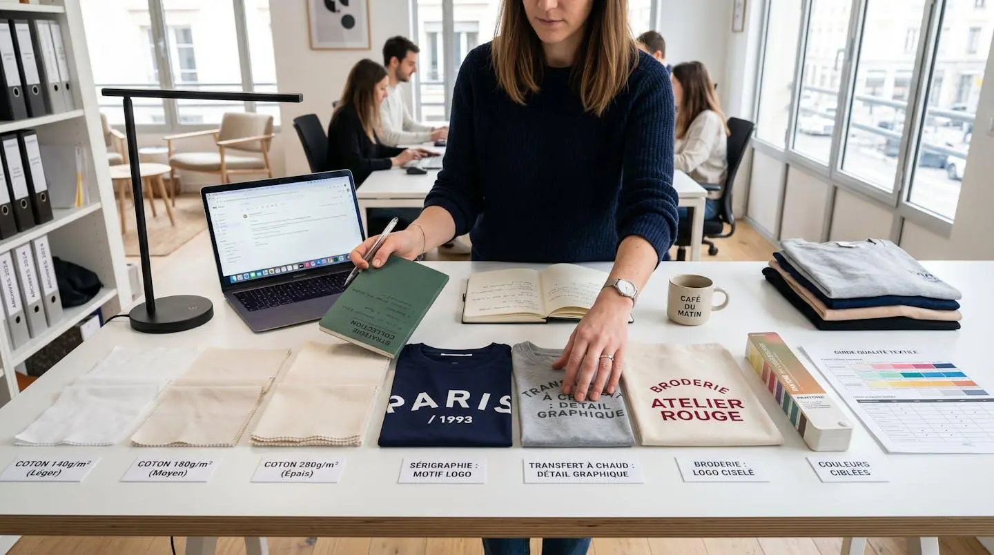 Table de travail d'agence marketing française avec échantillons de tissus de différents grammages, nuanciers, exemples de techniques d'impression (sérigraphie, transfert, broderie), mains d'un professionnel examinant les options, guides professionnels visibles