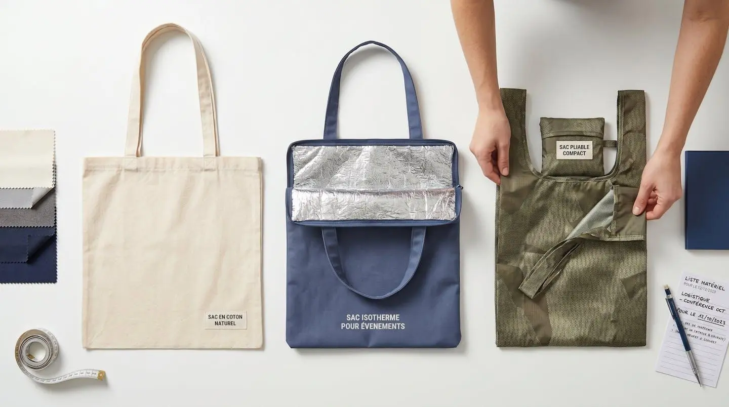 Vue de dessus d'une table de préparation professionnelle avec trois types de tote bags disposés horizontalement : sac coton standard naturel, sac isotherme avec doublure thermique visible, et sac pliable compact, mains d'un coordinateur les organisant
