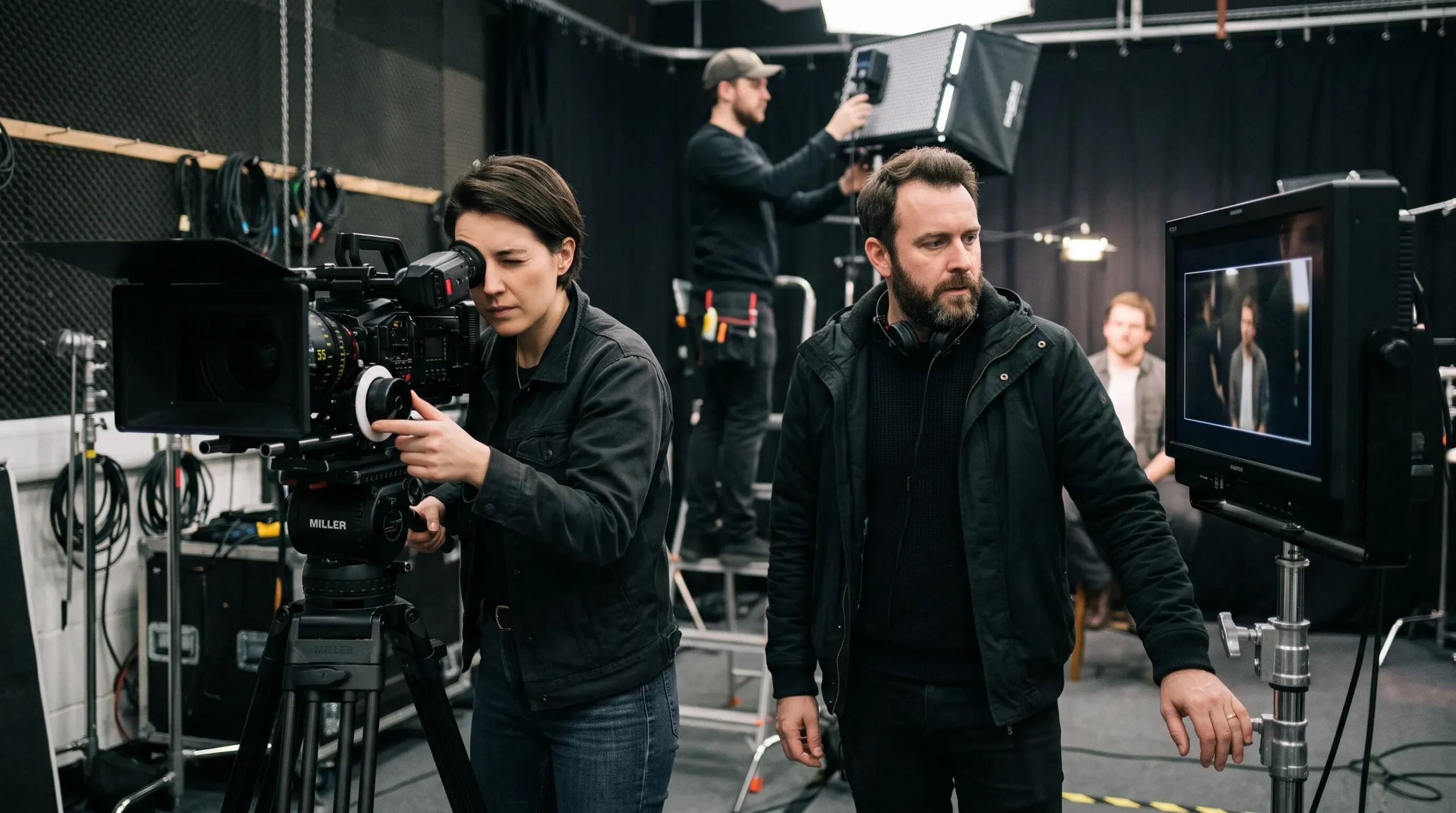Équipe de production vidéo professionnelle en plein tournage avec caméra cinéma, moniteur de contrôle et panneaux d'éclairage LED sur un plateau