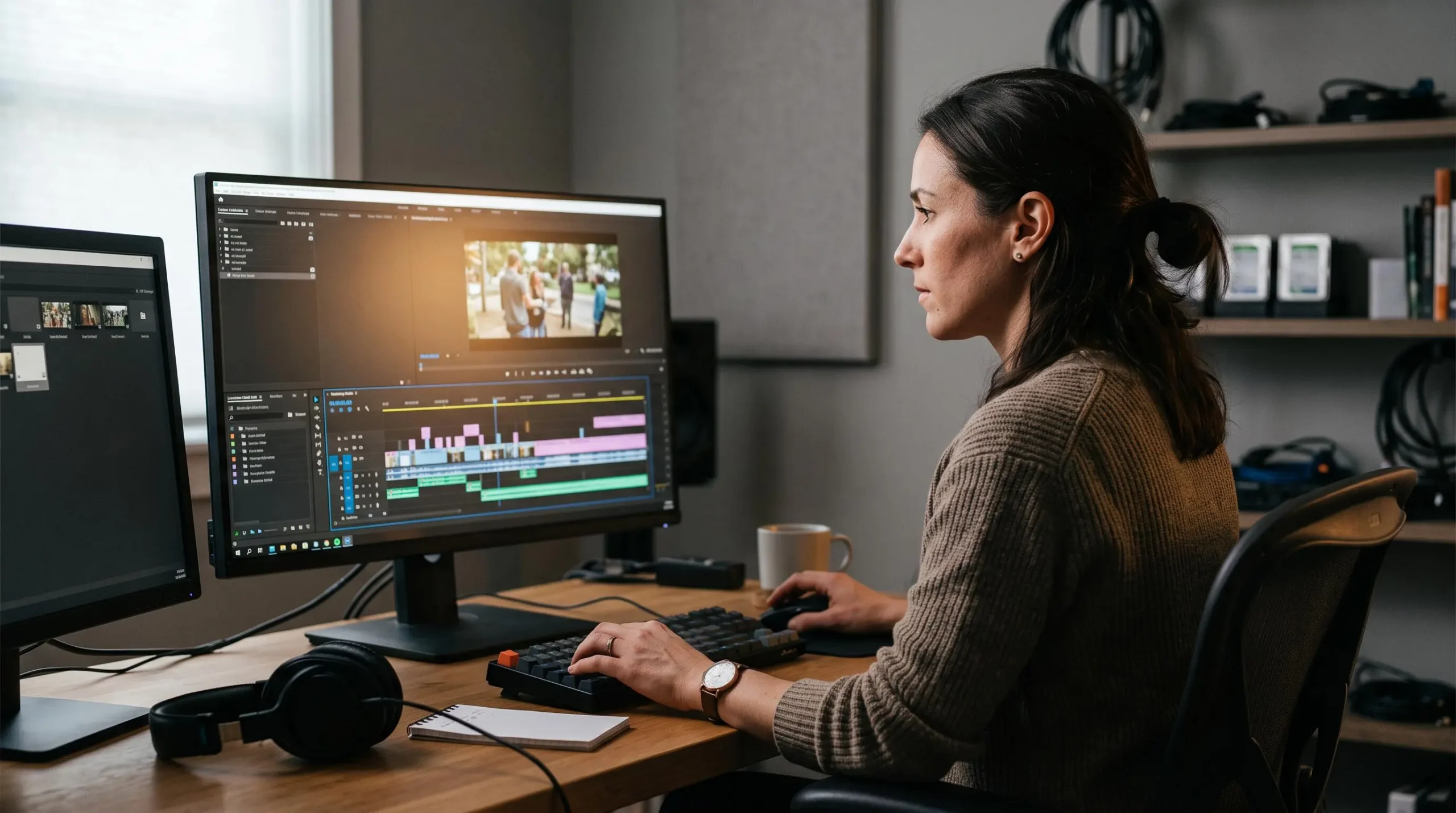 Monteur vidéo travaillant sur une timeline de post-production sur grand écran dans un studio de montage professionnel