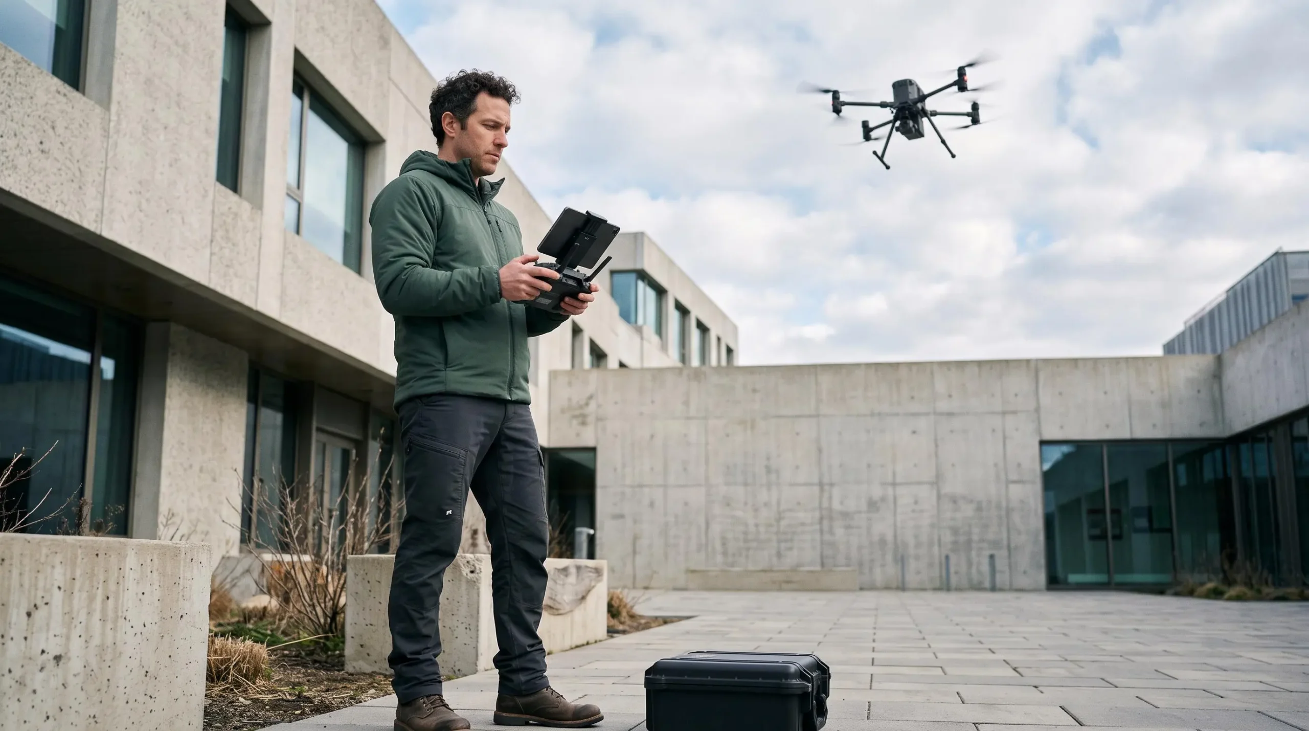 Opérateur de drone professionnel pilotant un quadricoptère en extérieur pour une prise de vue aérienne