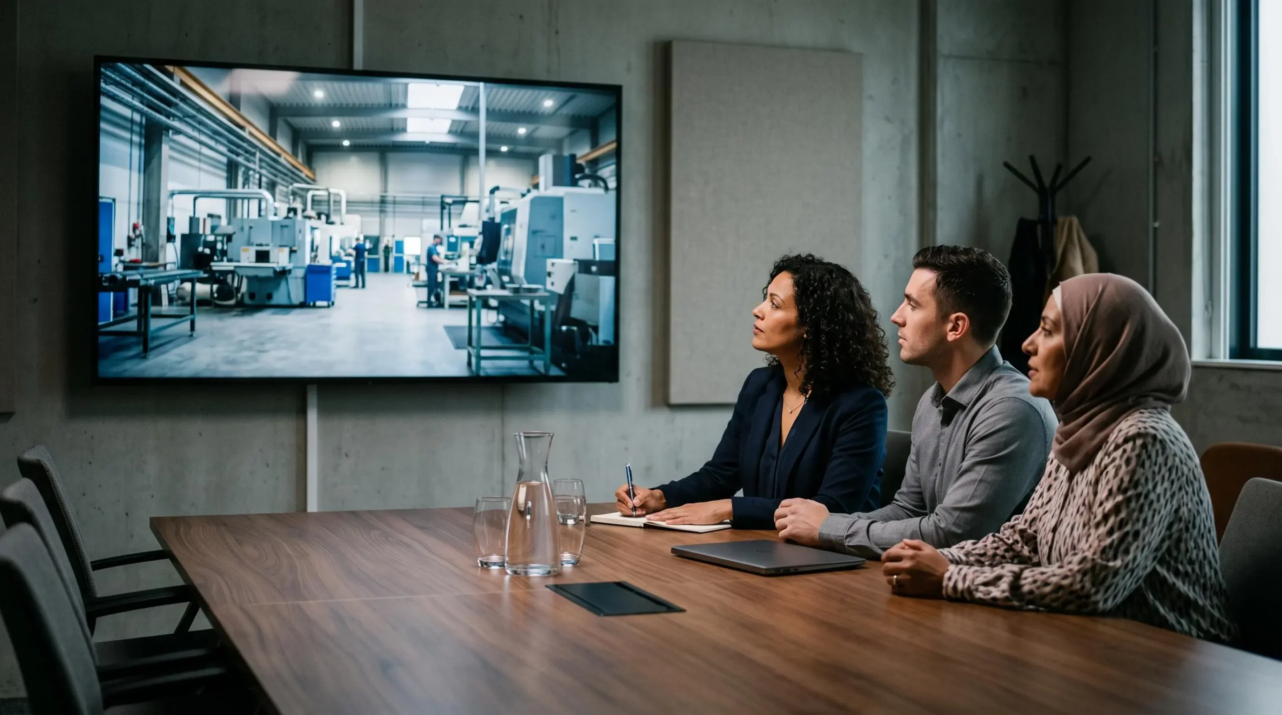 Professionnels visionnant une vidéo corporate finalisée sur grand écran lors d'une session de présentation en salle de réunion